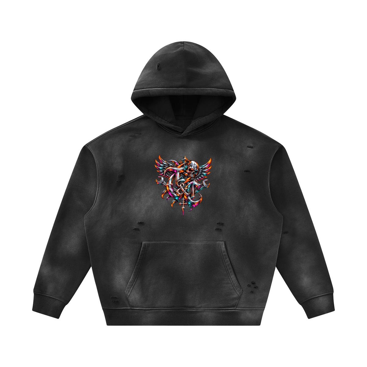Throttle & Chrome Icon Unisex Sunfade Frayed Fleece Hoodie