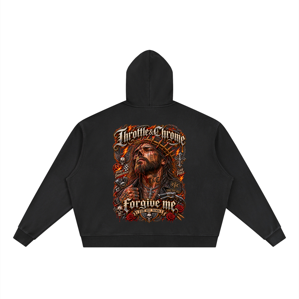 THROTTLE & CHROME FORGIVE ME Unisex Vintage Wash Full Zip Boxy Hoodie