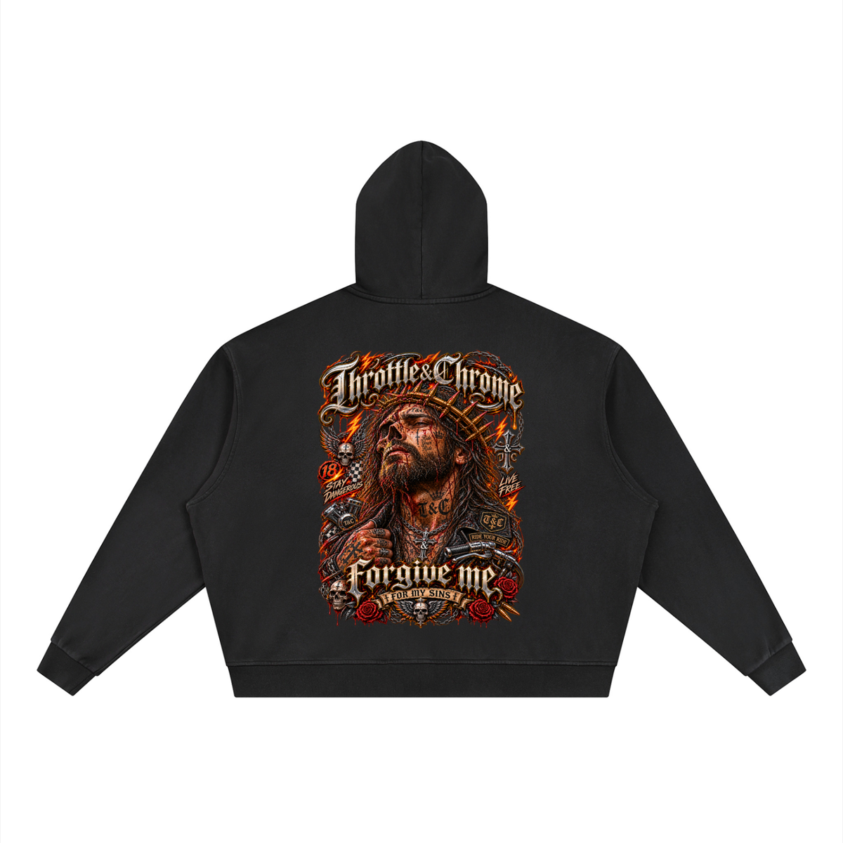 THROTTLE & CHROME FORGIVE ME Unisex Vintage Wash Full Zip Boxy Hoodie