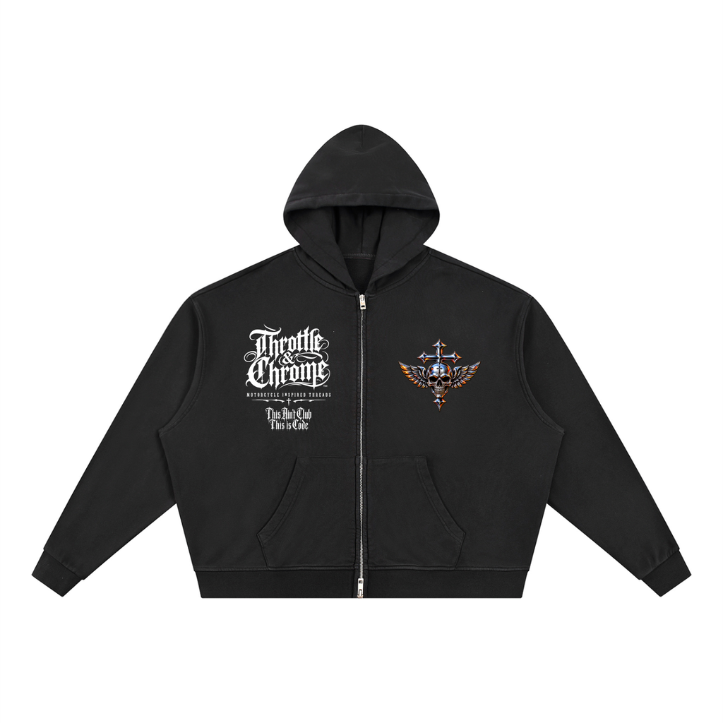 THROTTLE & CHROME FORGIVE ME Unisex Vintage Wash Full Zip Boxy Hoodie