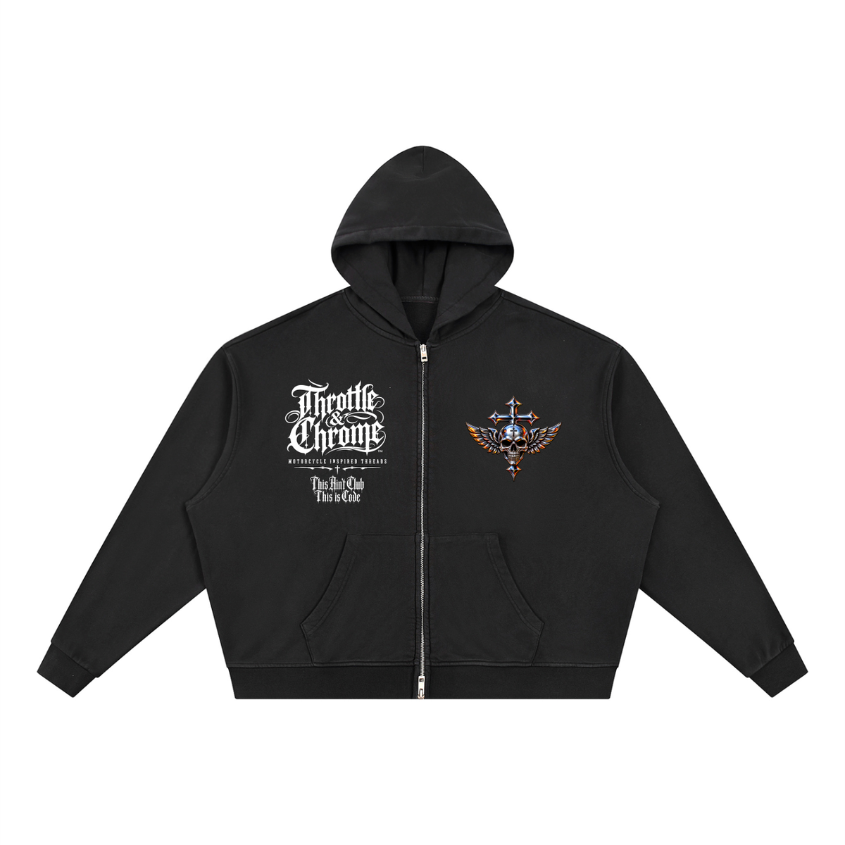 THROTTLE & CHROME FORGIVE ME Unisex Vintage Wash Full Zip Boxy Hoodie